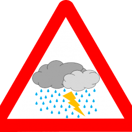 grafika przedstawia ostrzeżenie, chmurę, deszcz, symbol pioruna, wykorzystano elementy ze strony openclipart.org - Kliknięcie w obrazek spowoduje wyświetlenie jego powiększenia