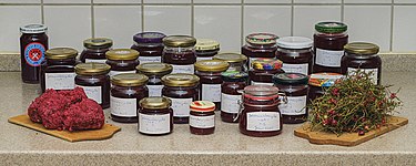 Home-made redcurrant jam - jars between pulp residue and stalks.jpg